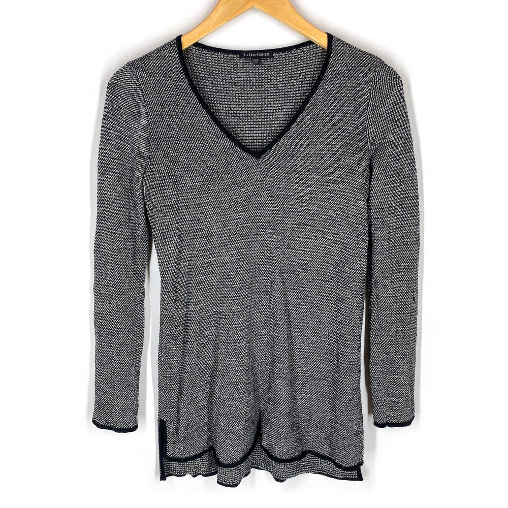 Eileen Fisher V Neck Sweater Black White Knit Wool Linen High Low Fall XS